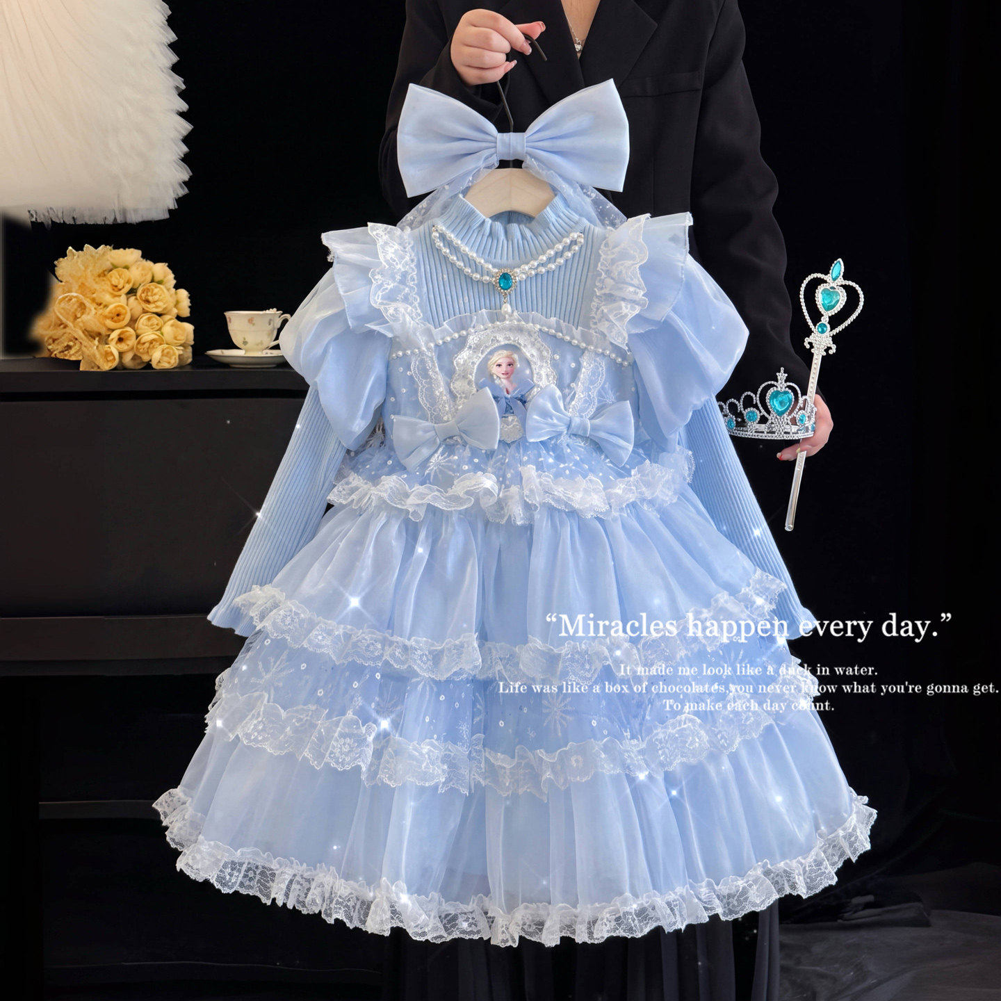 女童爱莎公主裙秋冬款冰雪蓝色艾莎生日连衣裙小女孩礼服蓬蓬纱裙