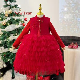 女童拜年服冬装儿童新中式红色裙子高级感加绒蓬蓬纱裙洋气公主裙