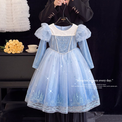 女童丝绒冰雪奇缘爱莎公主礼服裙