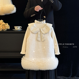 女童小香风连衣裙冬季夹棉毛呢背心裙套装女宝宝周岁生日礼服裙子