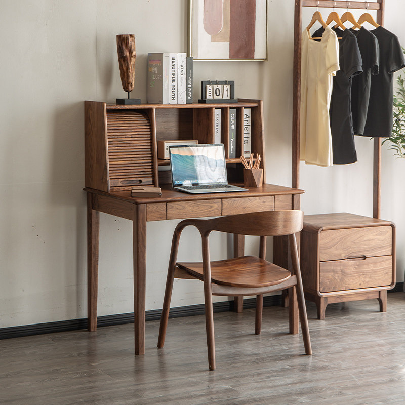 黑胡桃木书桌书架简约家用梳妆台