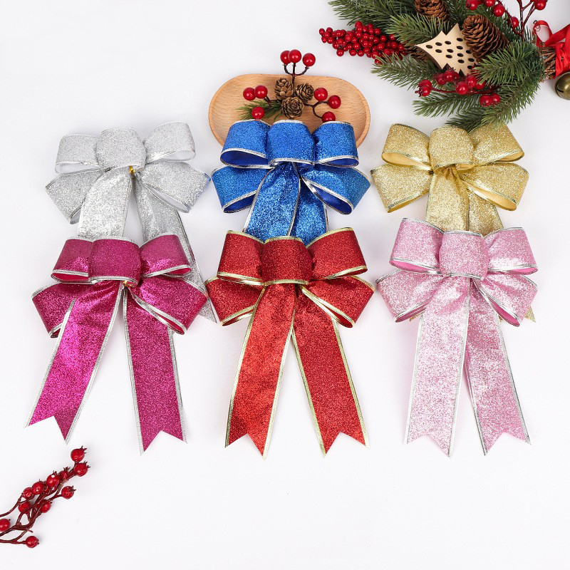 圣诞节装饰品五耳葱粉金边蝴蝶结15cm 圣诞树蝴蝶结挂件彩带织带