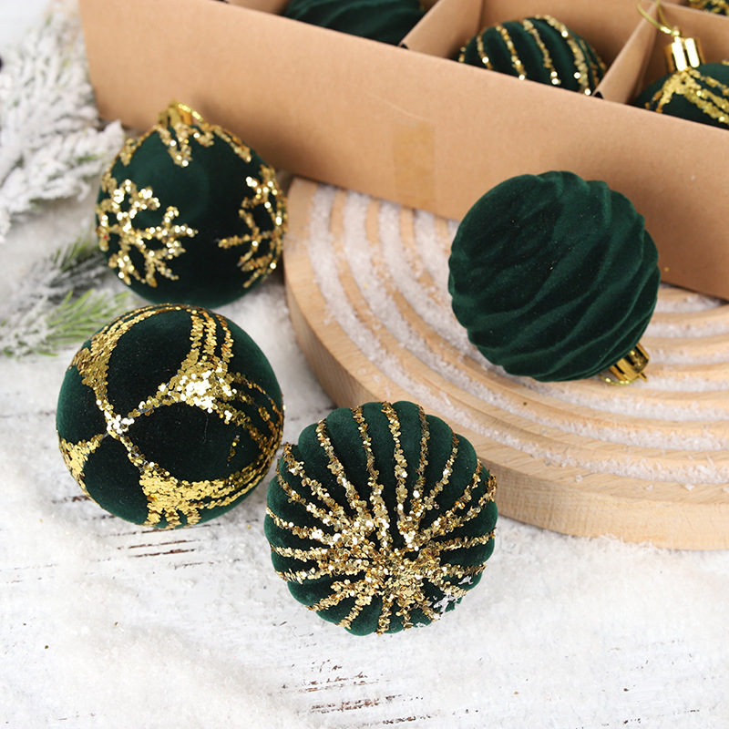 新款6cm植绒圣诞球圣诞树装饰品彩绘球挂件场地布置吊球套装礼物