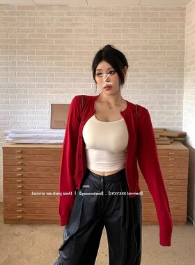 大码胖mm穿搭纯欲风减龄红色针织开衫女装春秋季新款宽松外套上衣