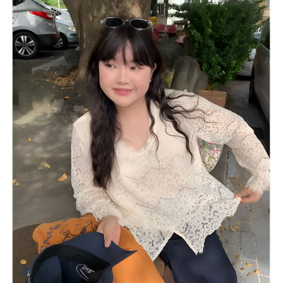 大码法式浪漫蕾丝打底衬衫女长袖2025新款秋冬季胖mmV领白色上衣