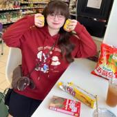 女装 STUDIO辣条大码 自制卡通印花拼接假两件连帽套头加绒卫衣