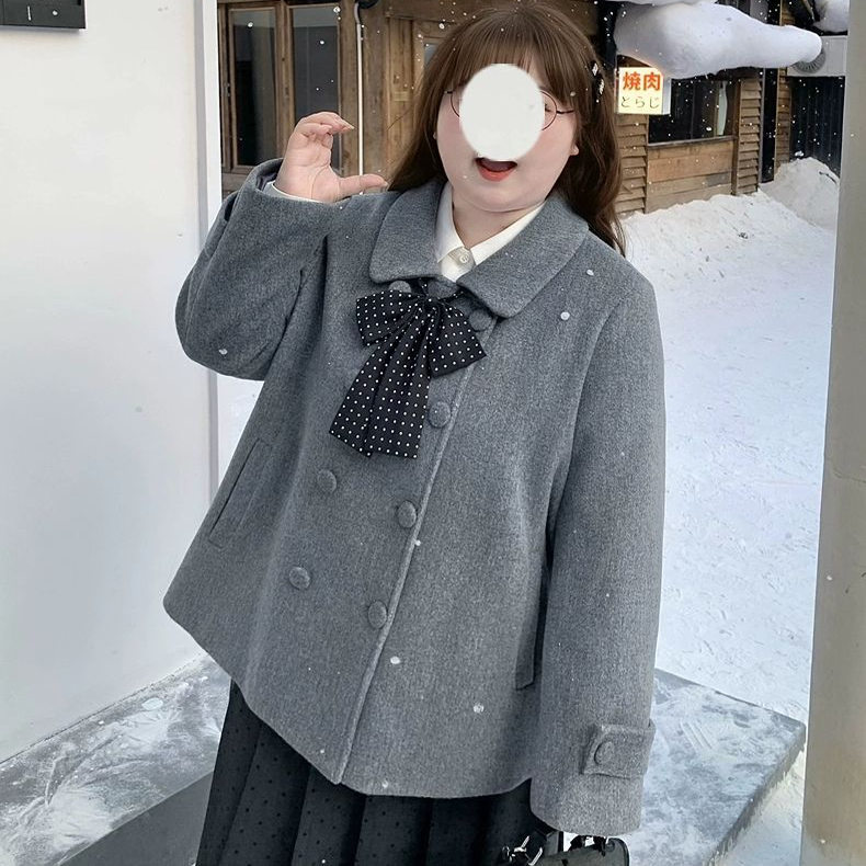 辣条大码女装入冬高级感撞色波点蝴蝶结短毛呢外套大衣2025新款冬