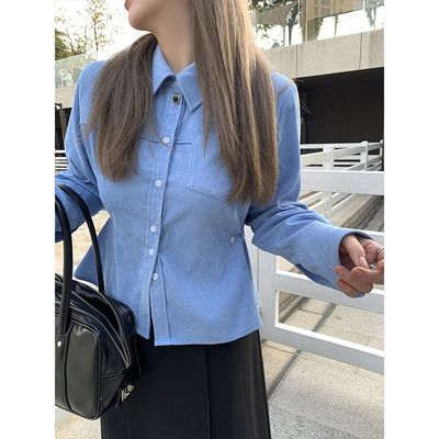 李潇洒大码蓝色收腰衬衫女微胖mm学院风百搭灯芯绒内搭长袖蓝衬衣