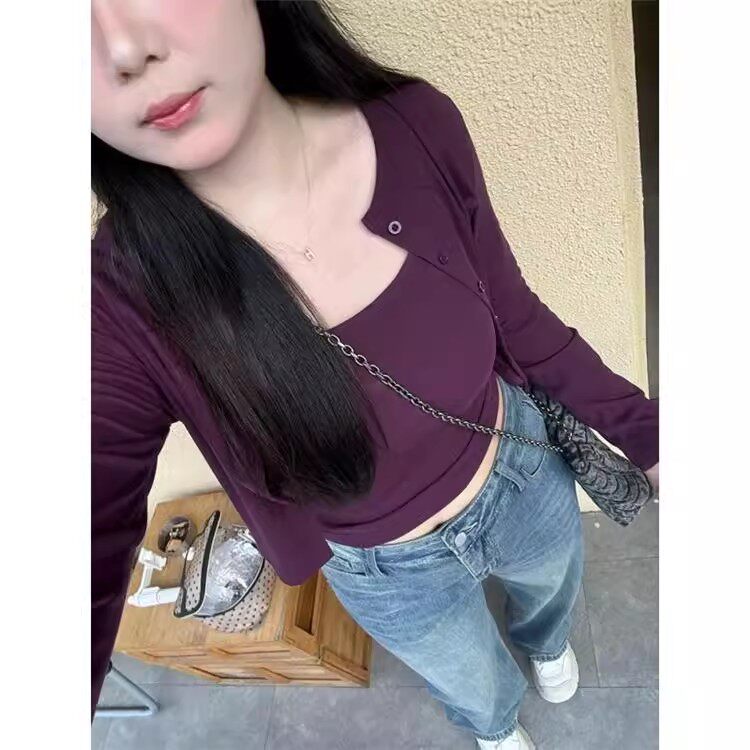 200斤微胖大码上衣女葡萄紫Ju显白春秋季显瘦两件套显瘦长袖上衣