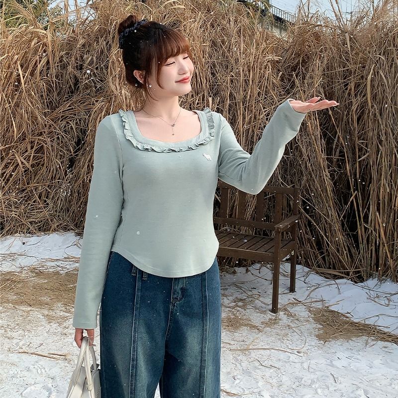 300大码女装胖m设计感花边方领加厚德绒打底衫秋冬季遮肉显瘦上衣