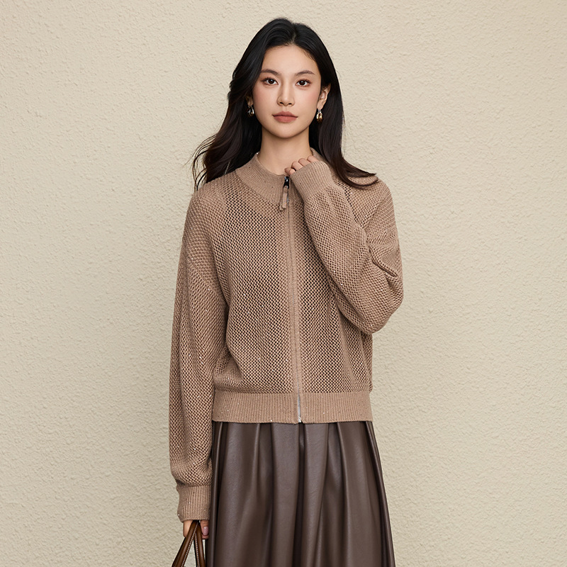 羊毛珠片纱编织立领拉链针织开衫