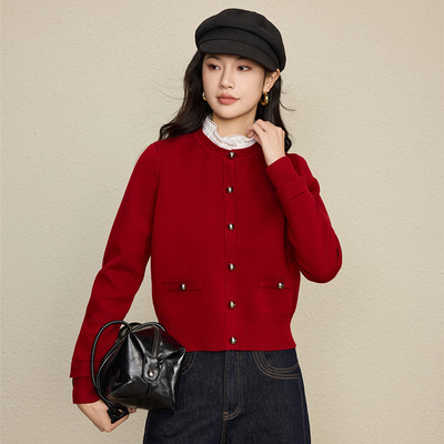 法式短款羊毛混纺针织开衫女