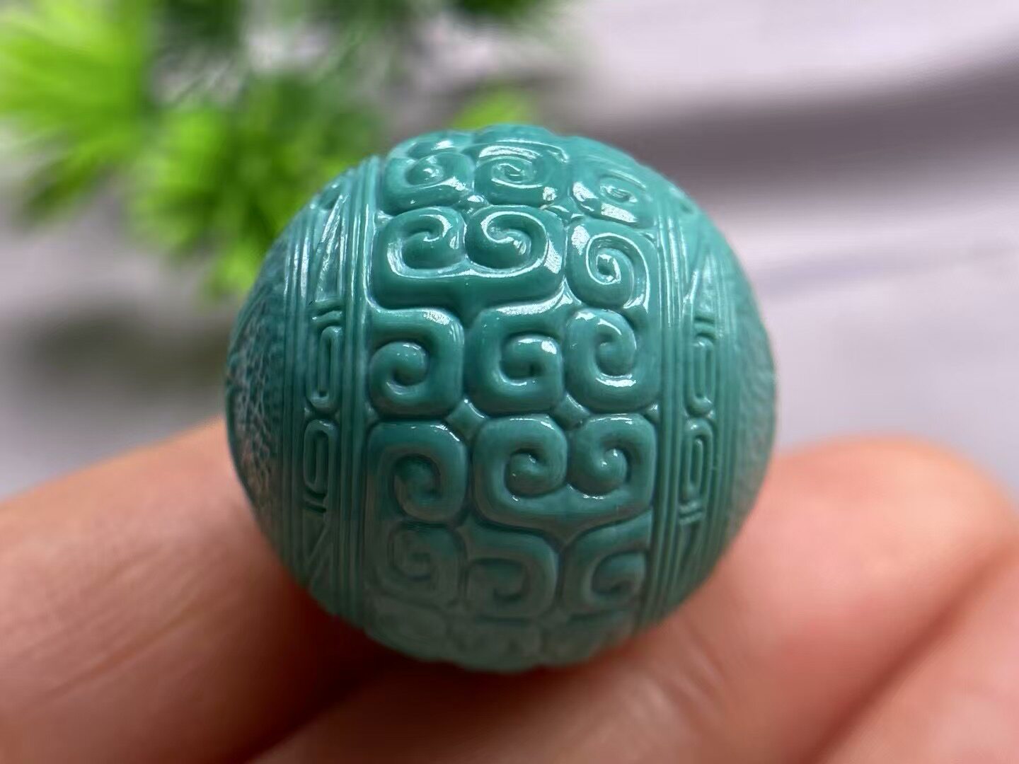 真品天然原矿湖北绿松石雕刻回纹珠圆珠锁骨散珠菩提配手串珠配饰