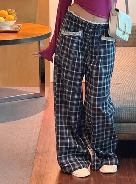 试穿巨好看！慵懒格子花边设计小众休闲裤阔腿裤女秋季宽松格纹裤