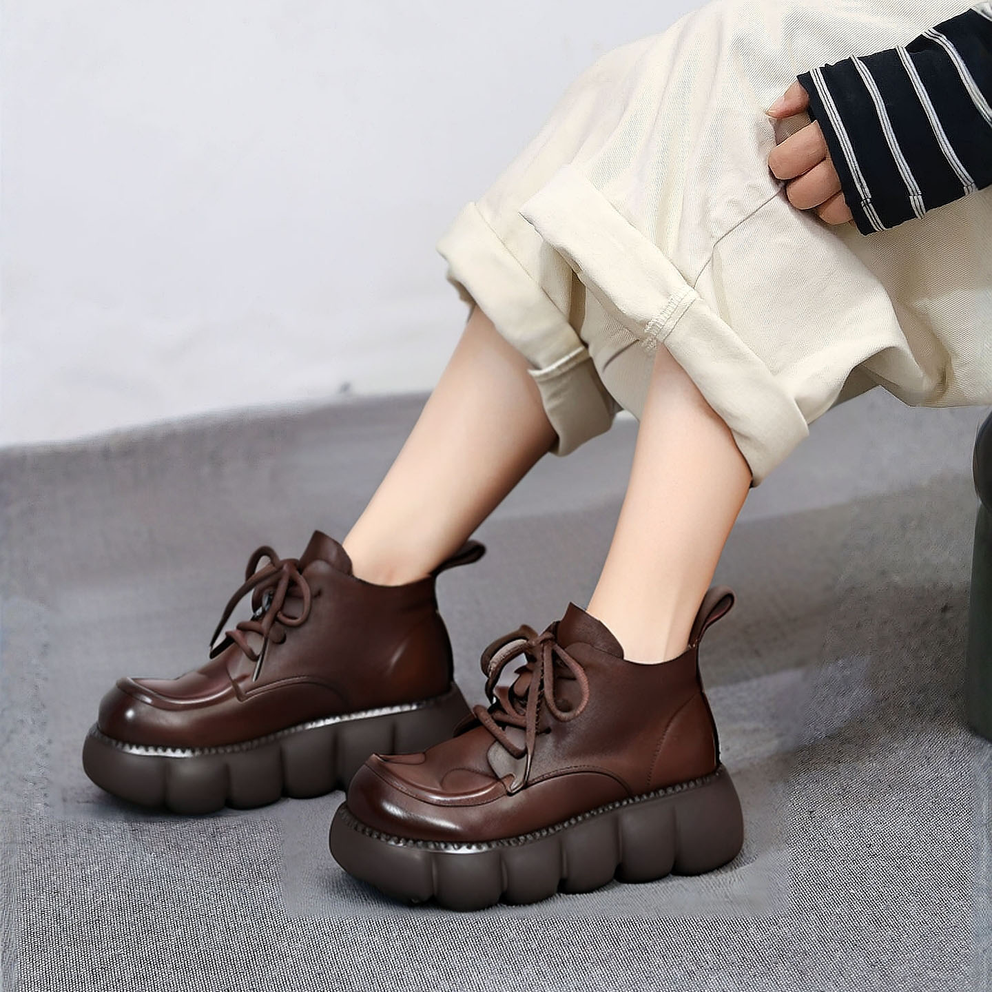 原创设计头层牛皮休闲复古厚底靴