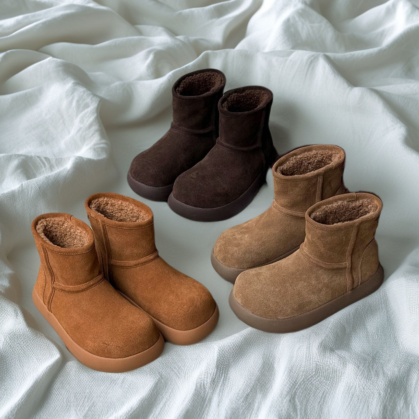 磨砂牛皮雪地靴女秋冬季加厚保暖防滑休闲丑萌大圆头厚底东北棉靴