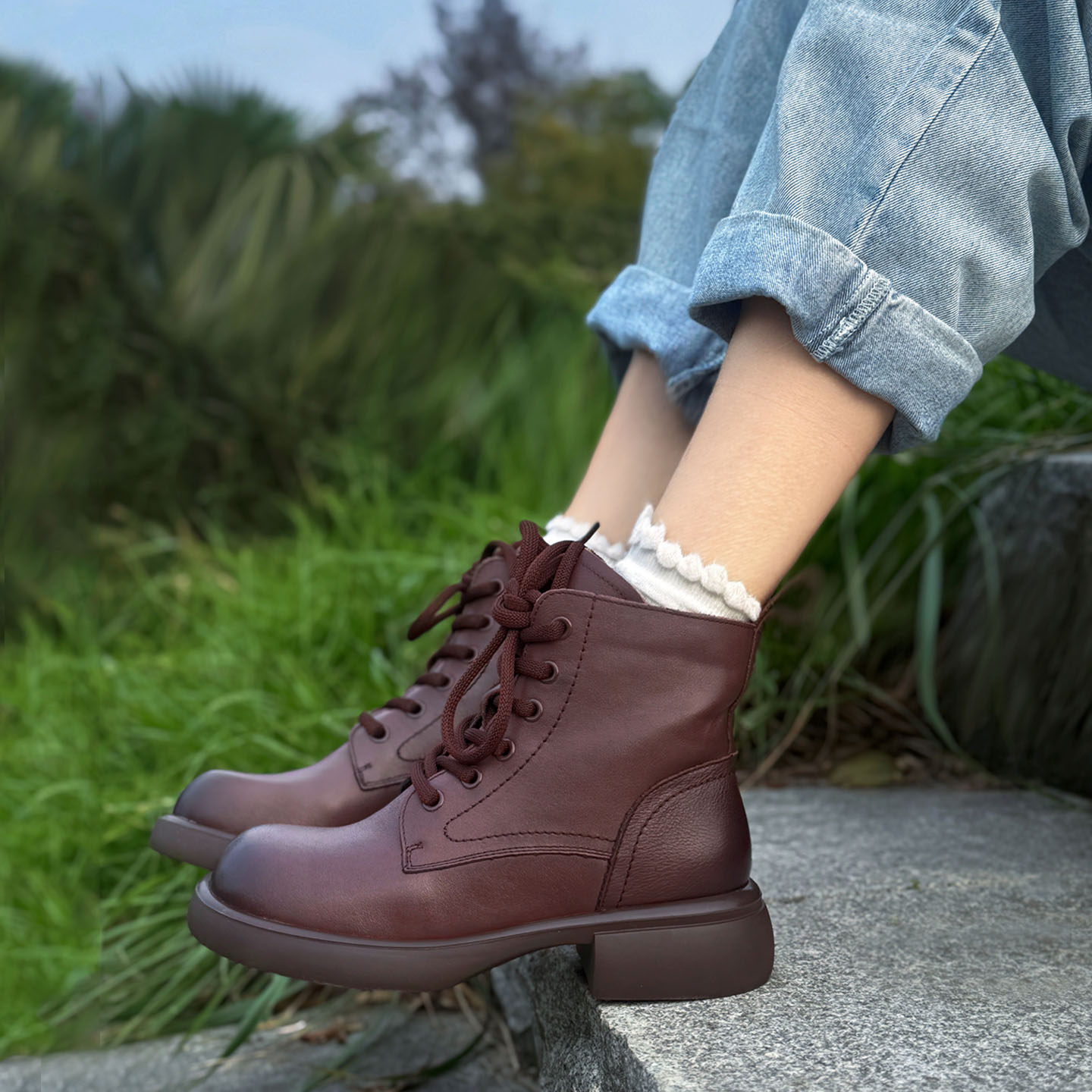 高端头层牛皮马丁靴女2025新款百搭显瘦系带时尚休闲中跟粗跟短靴,女鞋,马丁靴,淘宝优惠券,粉丝福利购,淘宝优惠卷