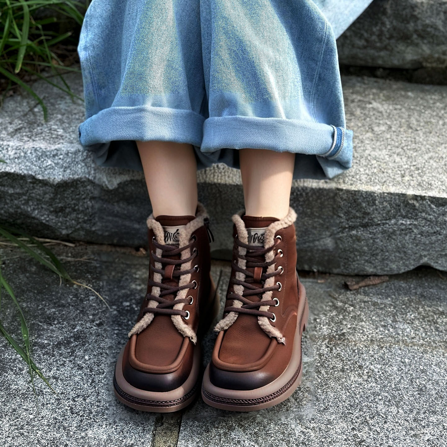 原创手工头层牛皮加绒复古棉靴子