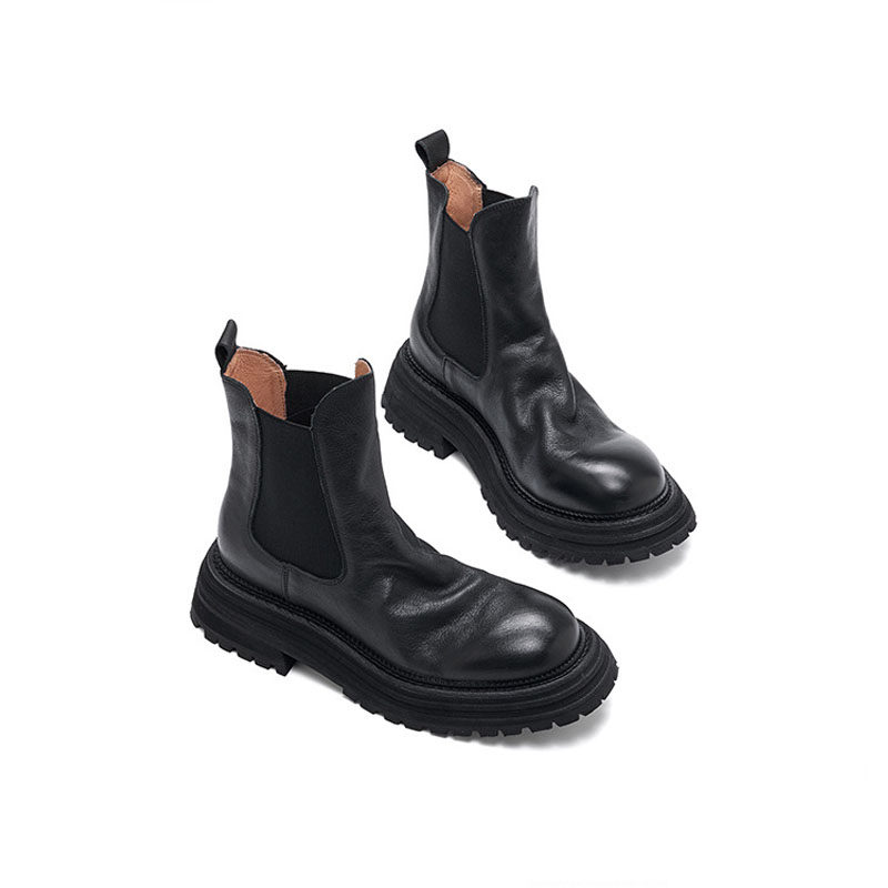 高端品质水洗缩纹小牛皮切尔西短靴女秋冬时尚欧版防水台厚底皮鞋