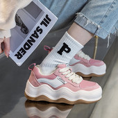 四季 女鞋 樱花粉波浪厚底运动休闲牛皮板鞋 2026新款 女真皮面包单鞋