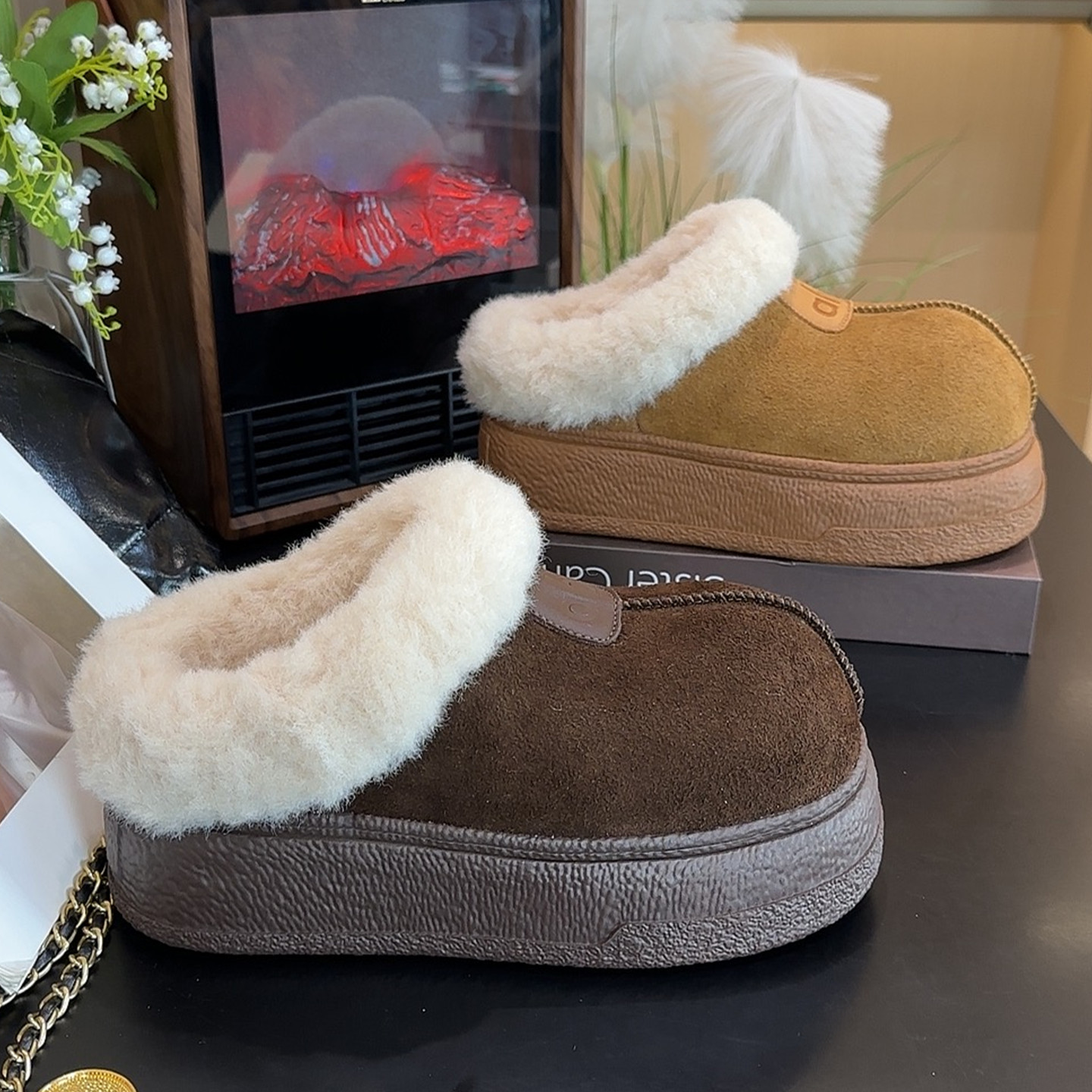 加绒保暖厚底防滑雪地靴包头半拖