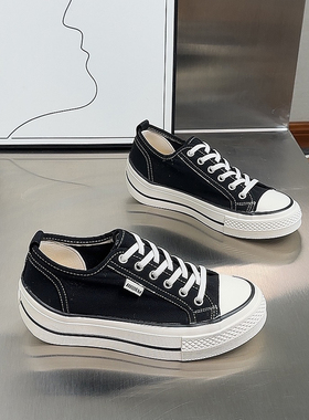 可卡依薄款帆布鞋女2026夏季新款一脚蹬圆头系带防滑厚底休闲板鞋