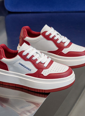 可卡依女鞋子春季新款红色小白鞋女厚底真皮百搭透气休闲牛皮板鞋