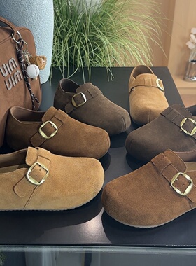 厚底内增高勃肯鞋2026新款懒人一脚蹬丑萌大头绝美全包真皮博肯鞋