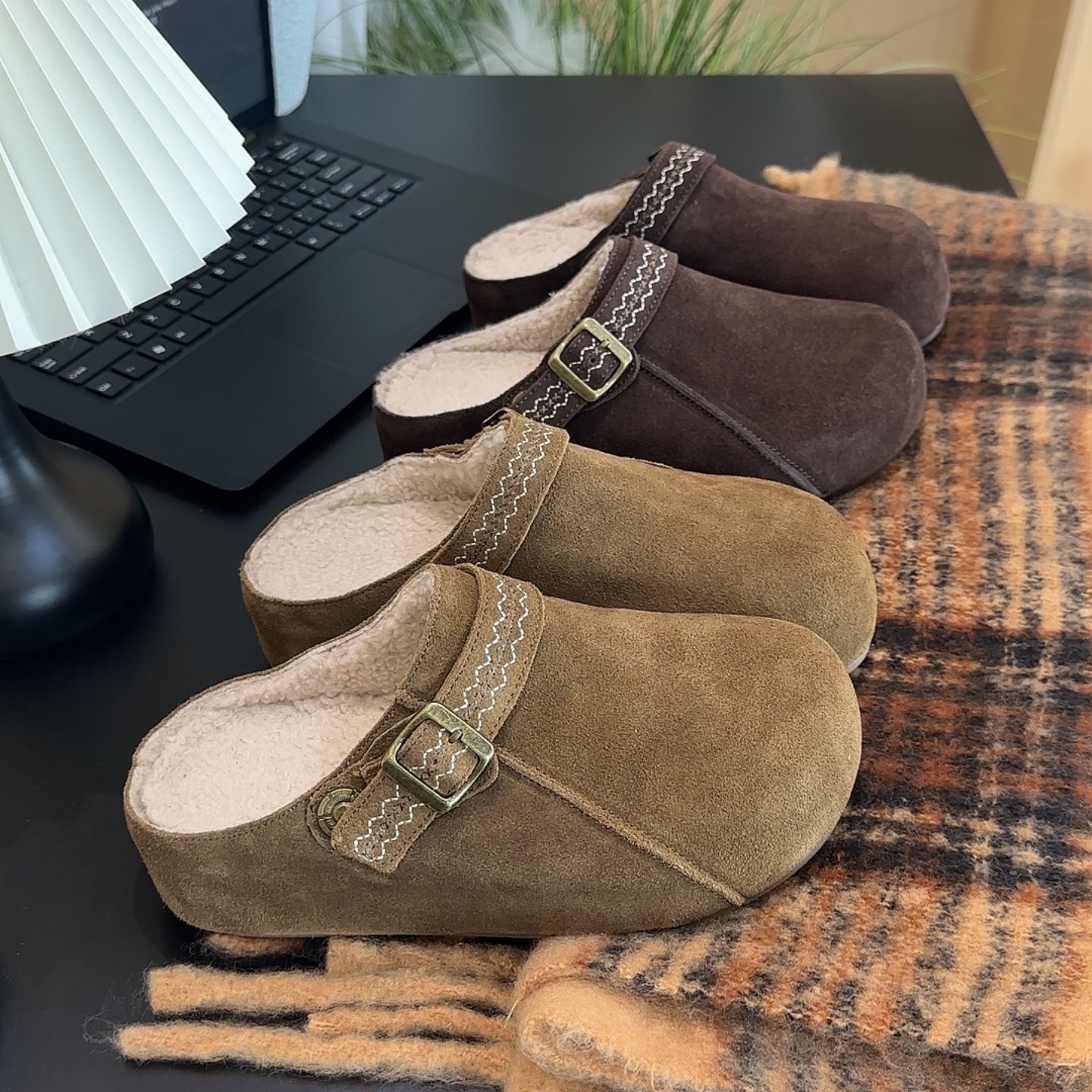 毛毛勃肯半拖鞋女包头拖民族风女