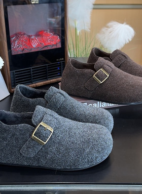 毛绒勃肯鞋女款加绒厚底内增高2025冬季新款全包超火灰色勃肯女鞋