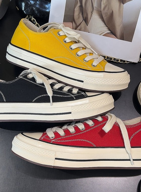 红色黑色黄色帆布鞋女2026春季新款系带圆头系带防滑厚底休闲板鞋