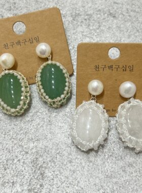 法式复古天然石蕾丝编织珍珠耳环名媛个性轻奢气质新中式样式耳钉