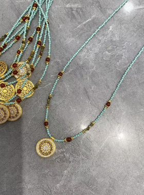 新中式古法五福圆满罗盘吊坠项链绿色串珠高级轻奢小众设计锁骨链