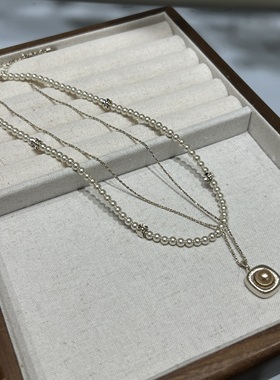 法式复古高级感珍珠拼接方形吊坠项链时尚轻奢小众设计感百搭颈链