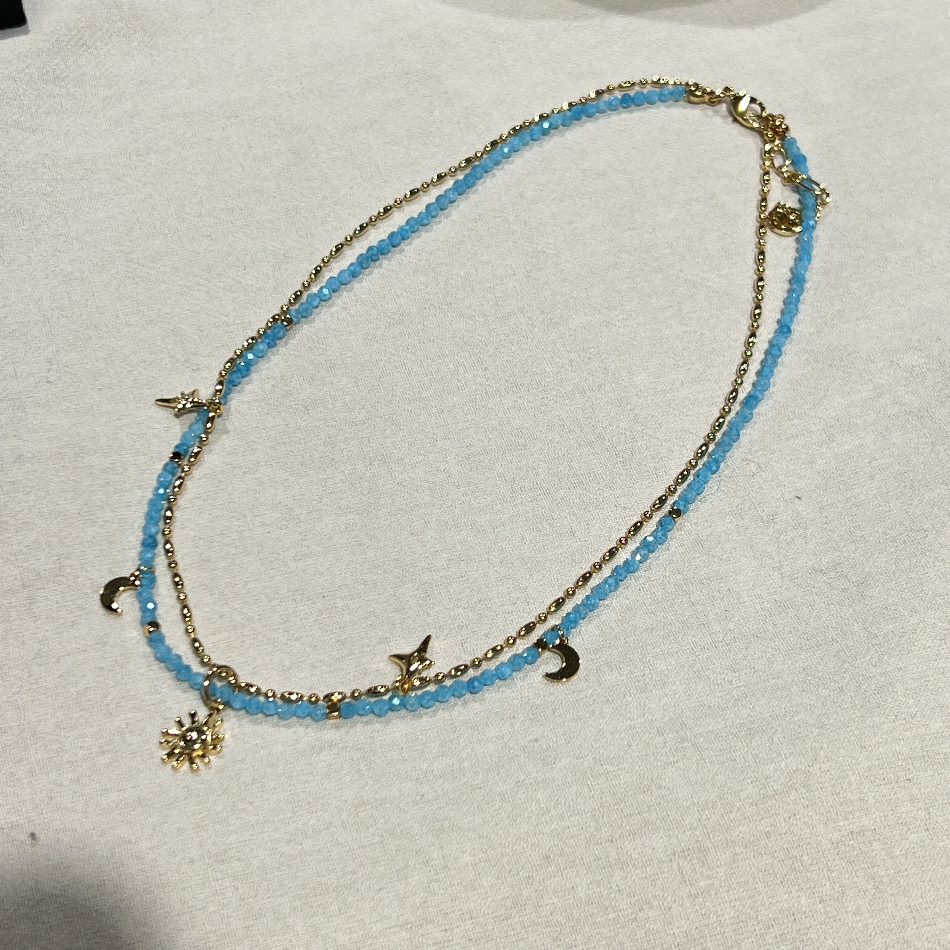 法式复古太阳月亮双层简约项链精致天然石串珠轻奢小众洋气锁骨链