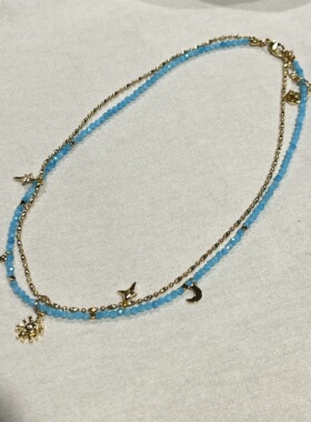 法式复古太阳月亮双层简约项链精致天然石串珠轻奢小众洋气锁骨链