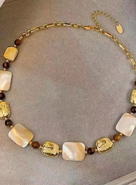 冷淡风虎眼石天然贝壳项链轻奢复古高级感锁骨链气质小众百搭颈链