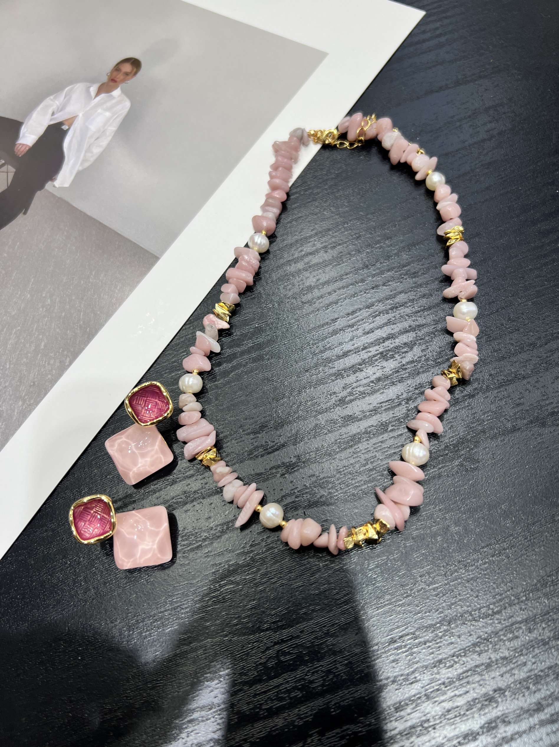 欧美时尚天然碎石手项链链日韩ins风复古气质百搭小清新粉色耳环