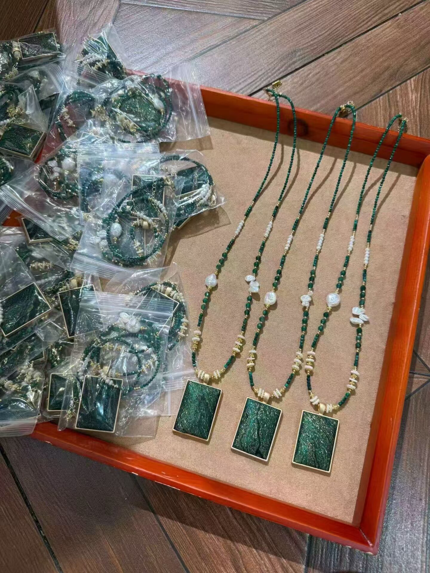 新中式天然珍珠绿松石串珠方牌项链复古国风个性轻奢高级毛衣链潮