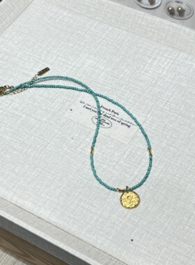法式复古海盐蓝珠珠精致沙金吊坠项链新中式小众个性简约锁骨链潮