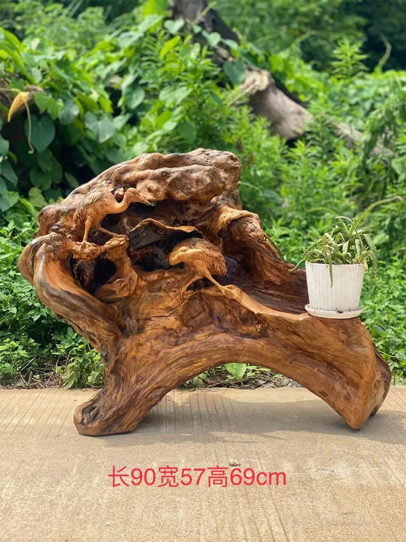 根雕樟木实木仙鹤花架摆件木雕动物家居饰品客厅摆件