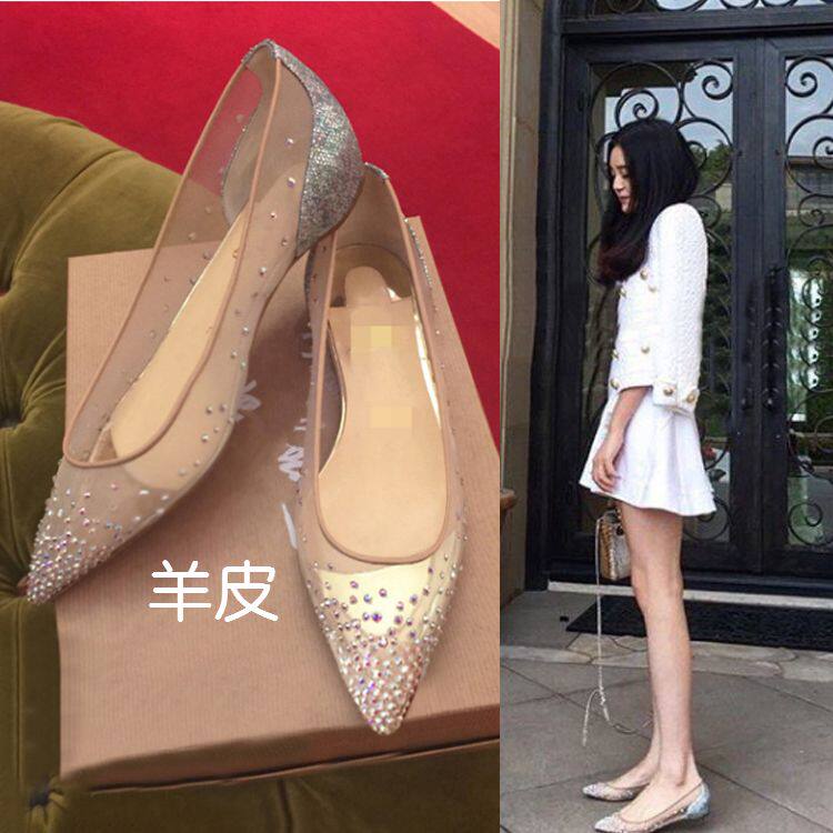 网红同款夏季凉鞋平底网纱尖头单鞋内增高平跟水钻婚鞋时尚女秋鞋
