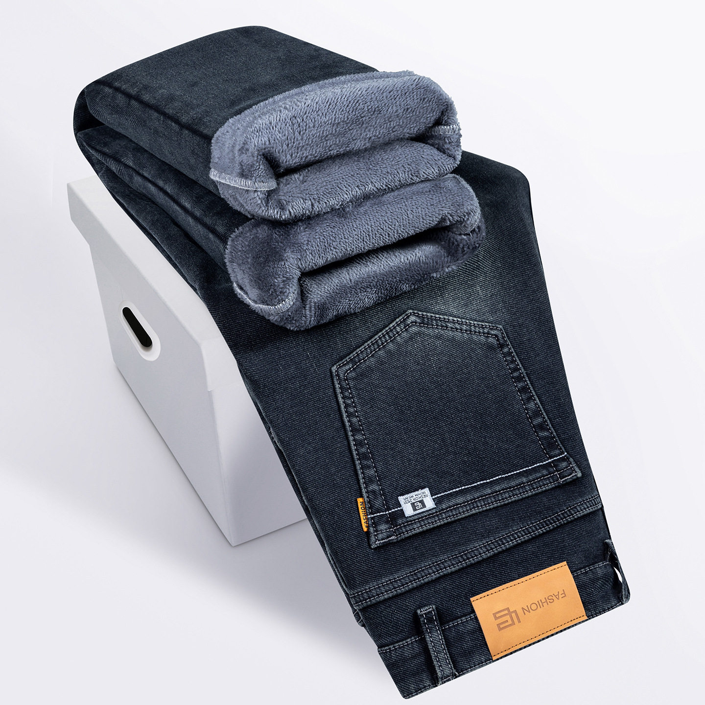 九分加绒加厚牛仔裤男秋冬直筒宽松长裤青年