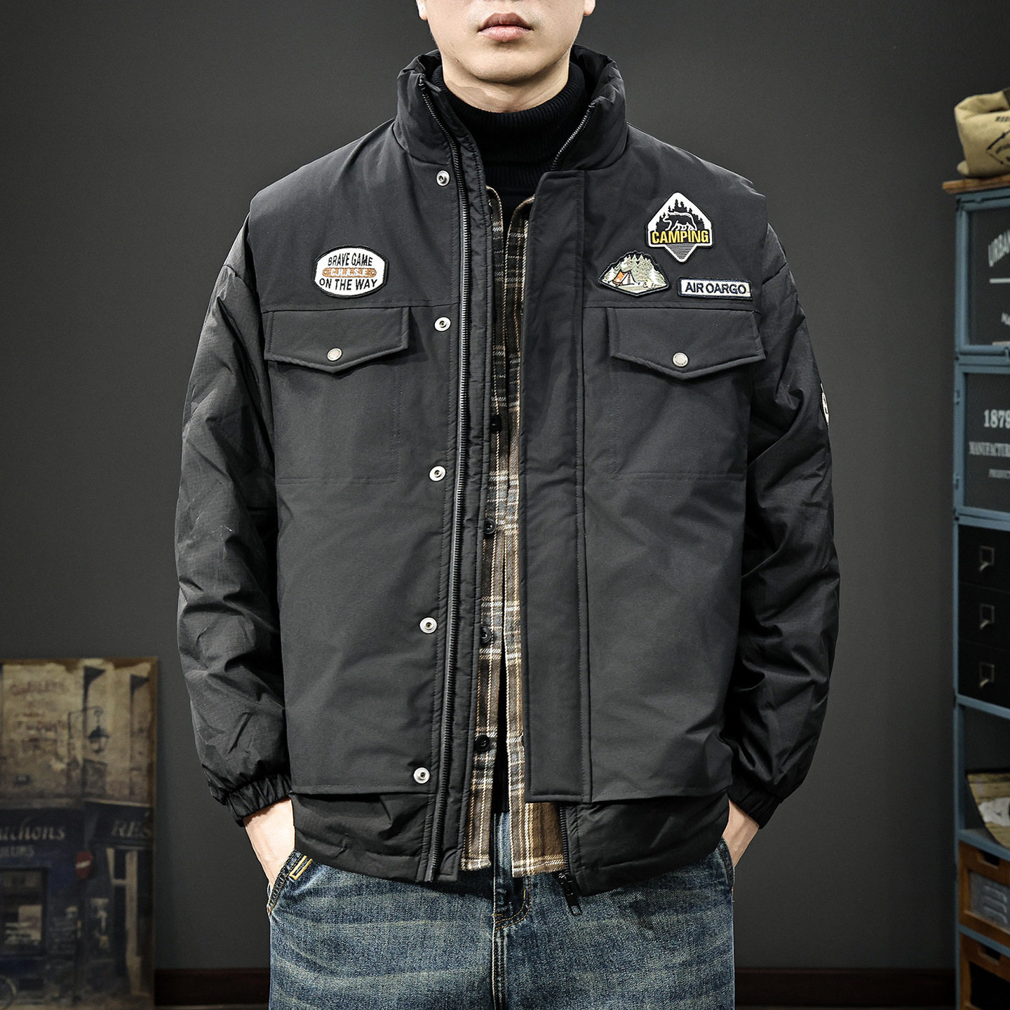 2026新款贴标假两件立领羽绒服男冬季加厚潮牌90鸭绒保暖工装外套