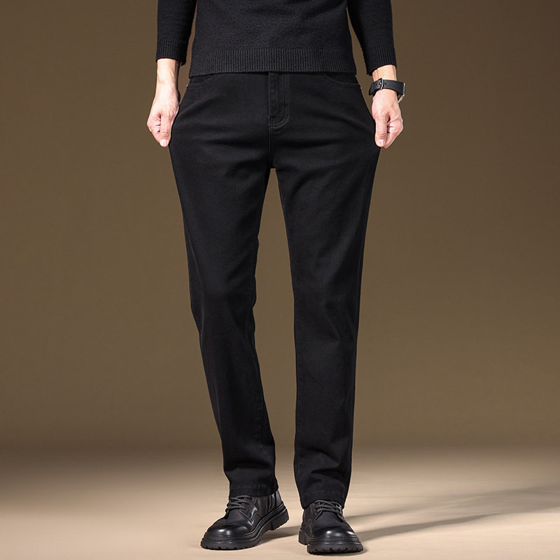 冬季加绒加厚男士黑色直筒弹力牛仔长裤