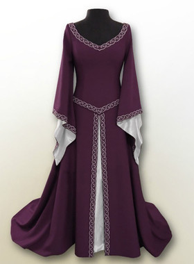 2019欧美复古 万圣 圣诞 party长袖刺绣圆领修身女士连衣裙