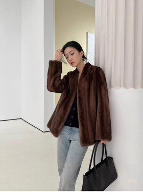 女士新款皮毛大衣水貂毛皮外套长款立领卡其色轻奢高级厚款高贵女