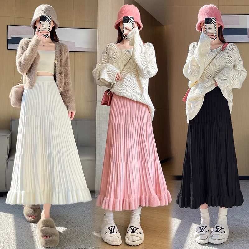 水貂绒针织半身裙女秋冬高腰显瘦垂感木耳边拼接a字伞裙大摆长裙