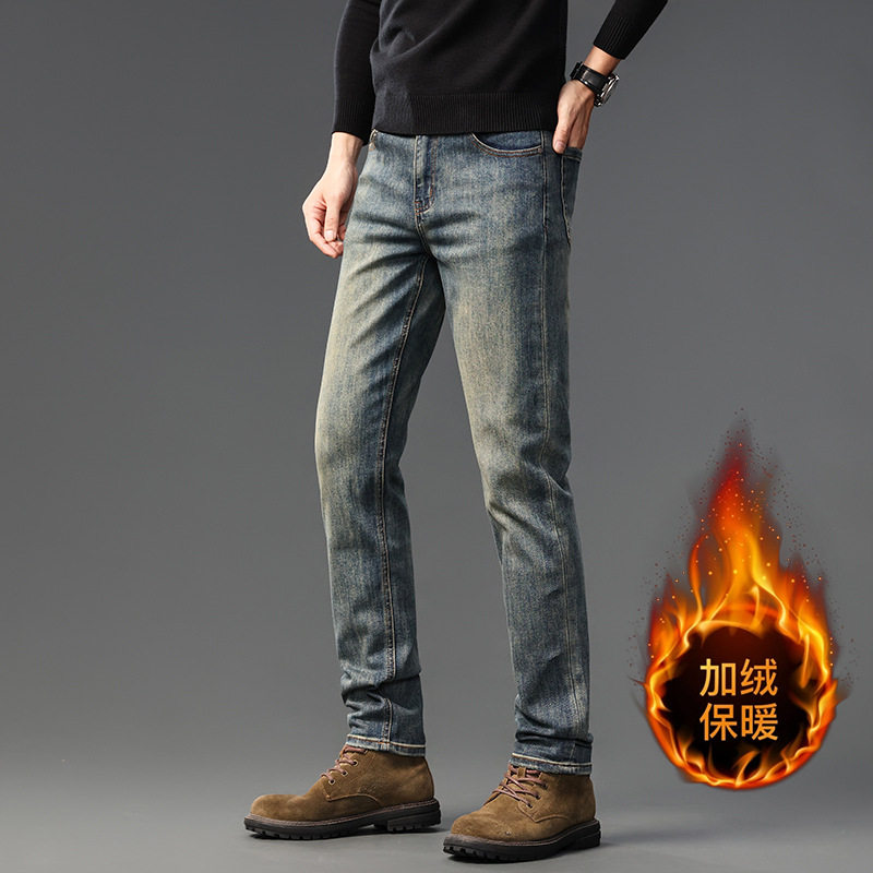 冬季加绒加厚微弹力男士韩版小直筒九分牛仔裤