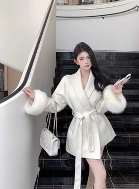 2026冬季中长款狐狸毛双面羊毛大衣气质时尚保暖纯色显瘦毛呢外套